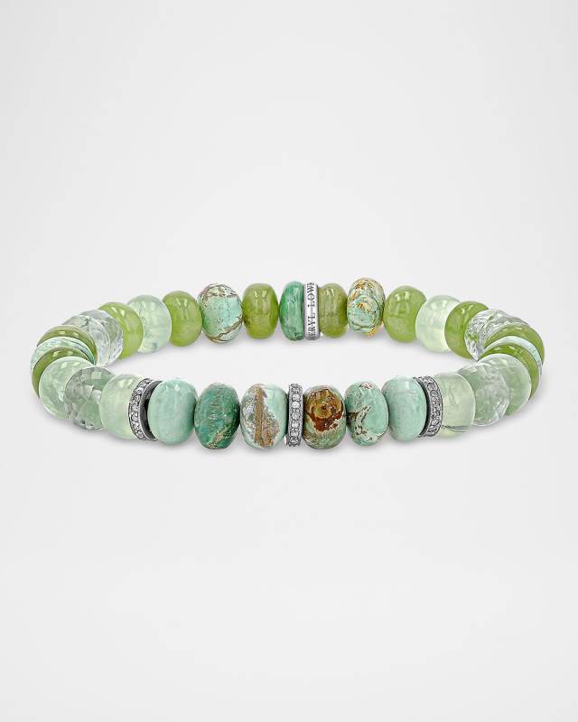Moody Green Mix Bead Bracelet with Sterling Silver and Diamond Rondelles
